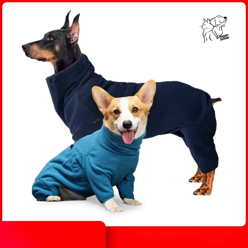 Polar fleece dog coat in blue, four-legged windproof design for large dogs