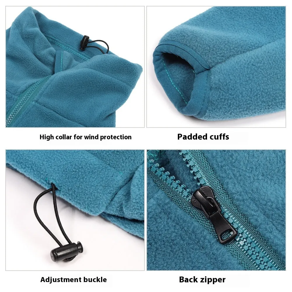 Polar fleece dog coat in blue, four-legged windproof design for large dogs