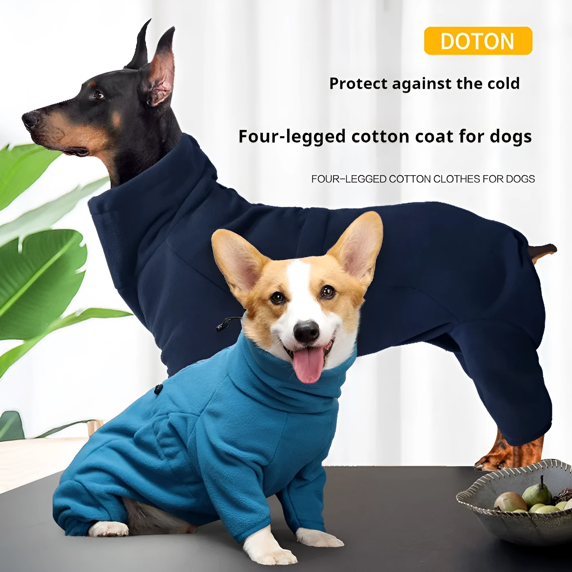 Polar fleece dog coat in blue, four-legged windproof design for large dogs