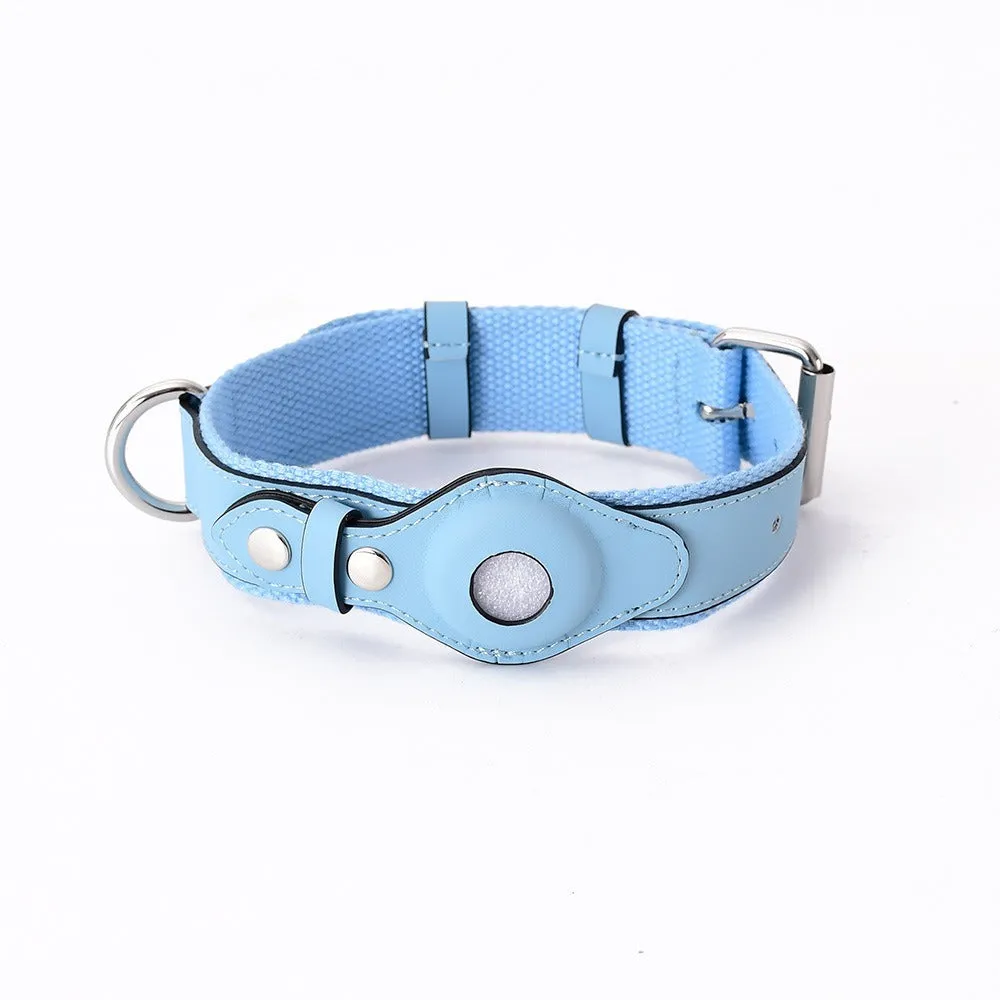 Leather dog collar with AirTag holder in black, adjustable for medium to large dogs