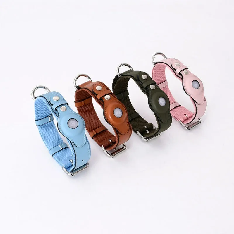 Leather dog collar with AirTag holder in black, adjustable for medium to large dogs