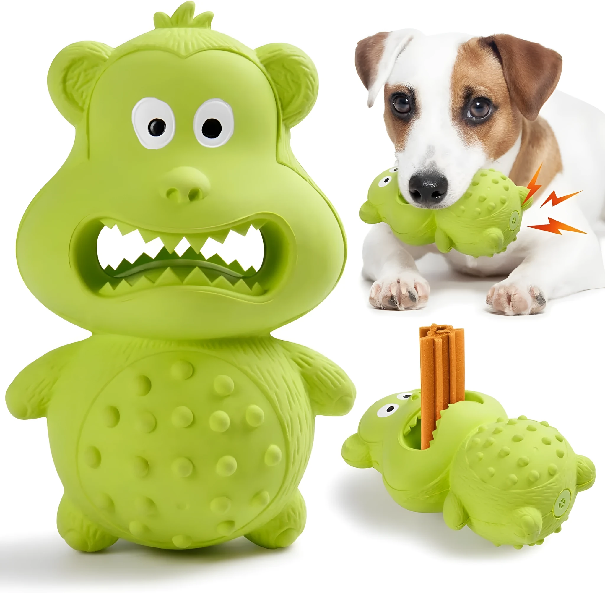 Green or yellow thick natural rubber squeaky dog toy for large breed aggressive chewers.