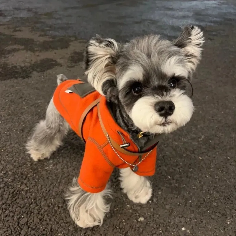 Red polyester hooded sweater for small dogs with two feet openings on a neutral background