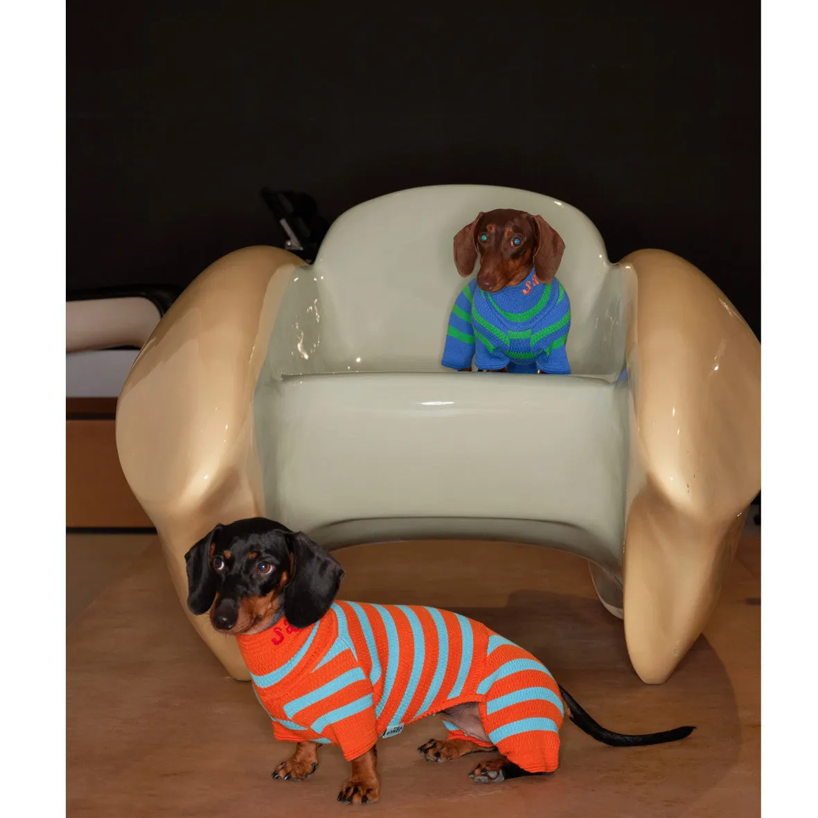 Knitted contrast colour stretch wool dog clothing in Cute Blue, four-legged design, sizes 1-4 Yards