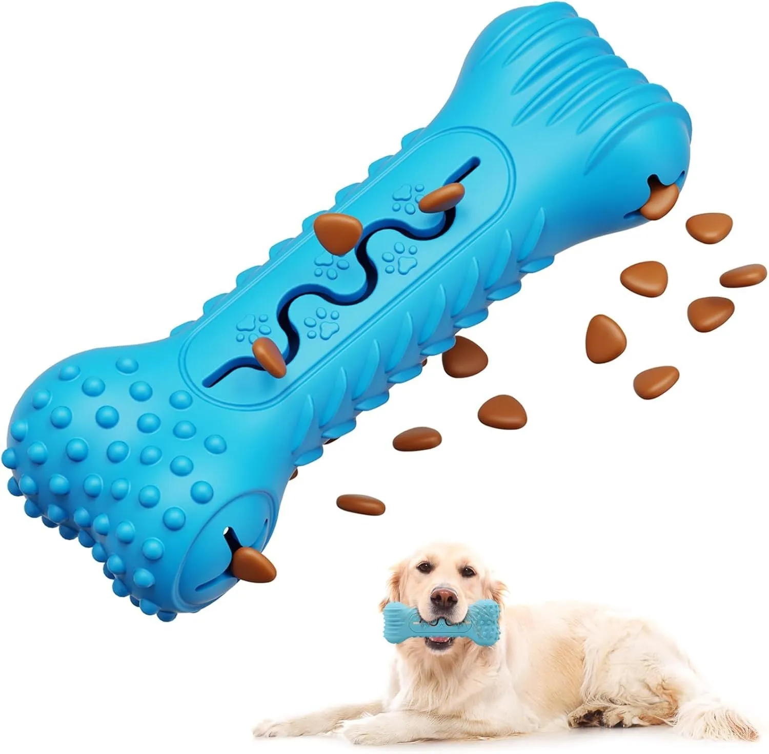 Blue natural rubber bone-shaped dog chew toy on a white background.
