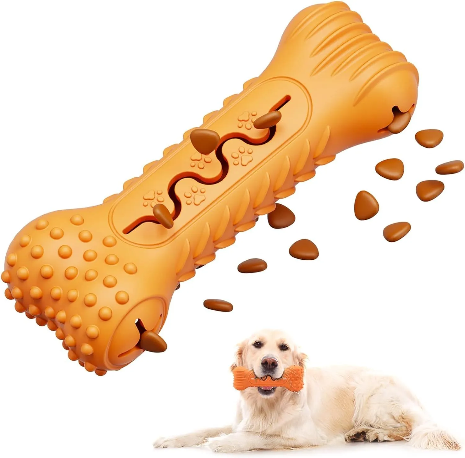 Blue natural rubber bone-shaped dog chew toy on a white background.