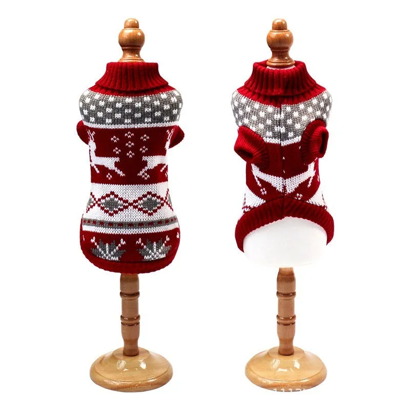 Christmas turtleneck knitting sweater for dogs in red reindeer pattern on a small dog, acrylic fabric, multiple sizes available