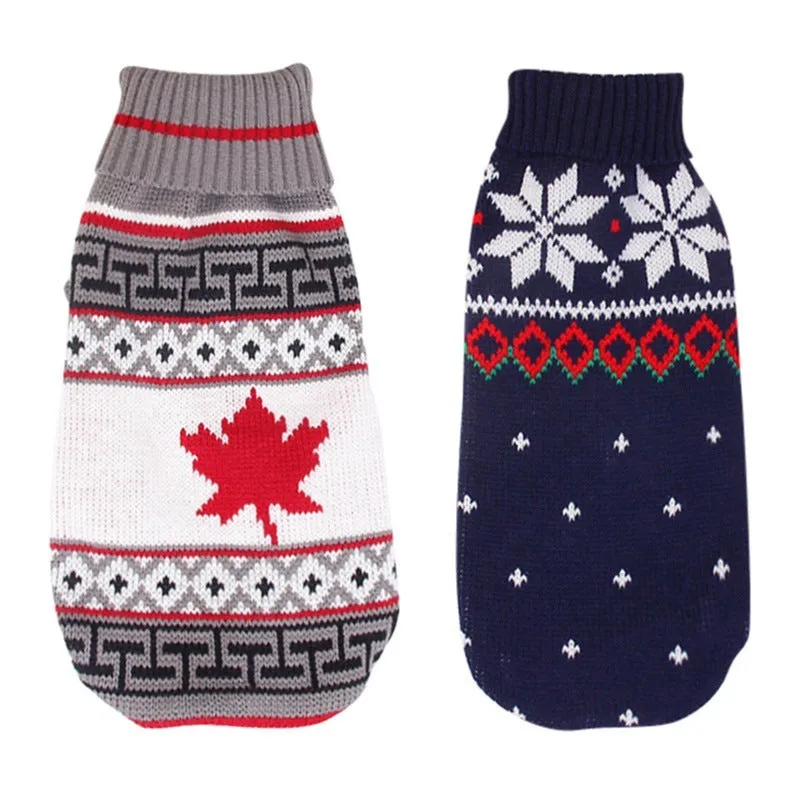Christmas turtleneck knitting sweater for dogs in red reindeer pattern on a small dog, acrylic fabric, multiple sizes available