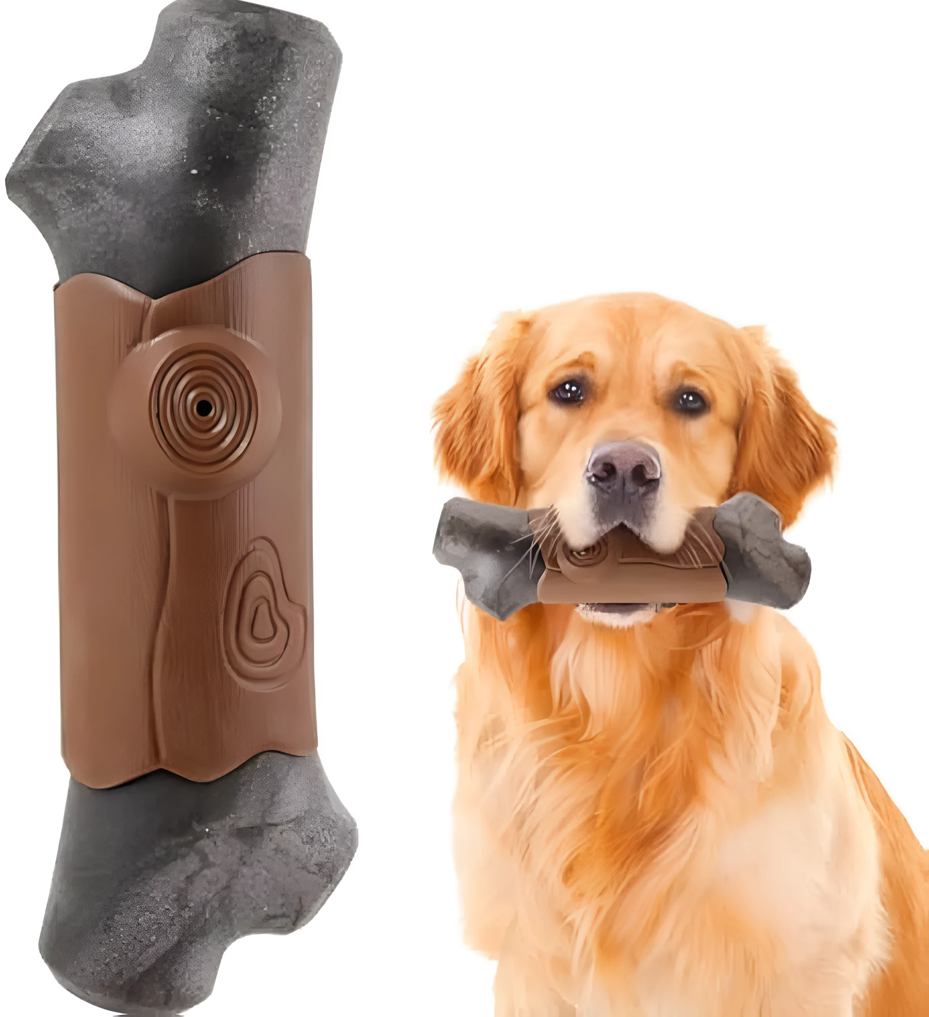 Branch-shaped nylon dog chew toy with bacon flavour and squeaker for large breed aggressive chewers