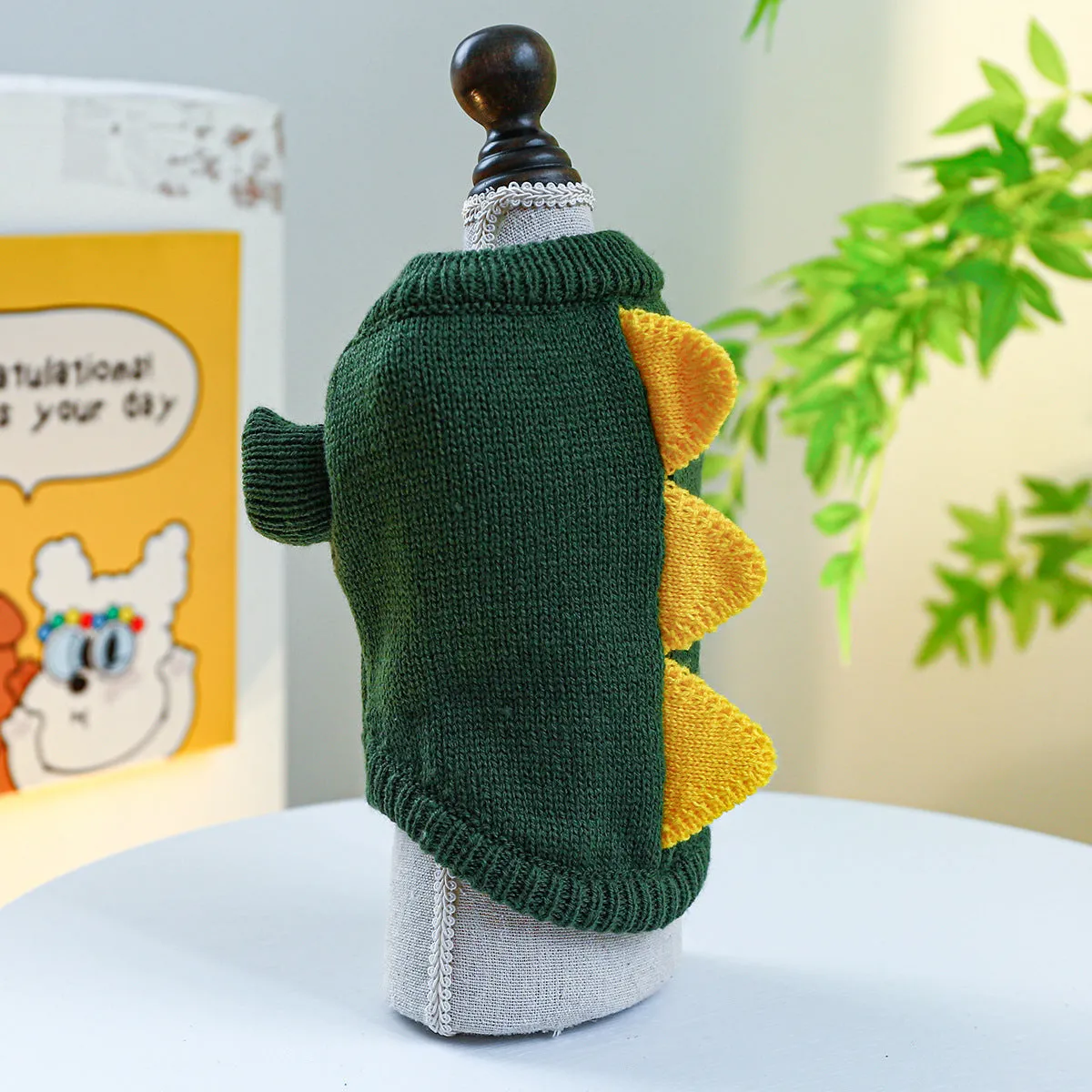 Green and yellow polyester dinosaur dog sweater for small to large dogs, sizes XS to XL