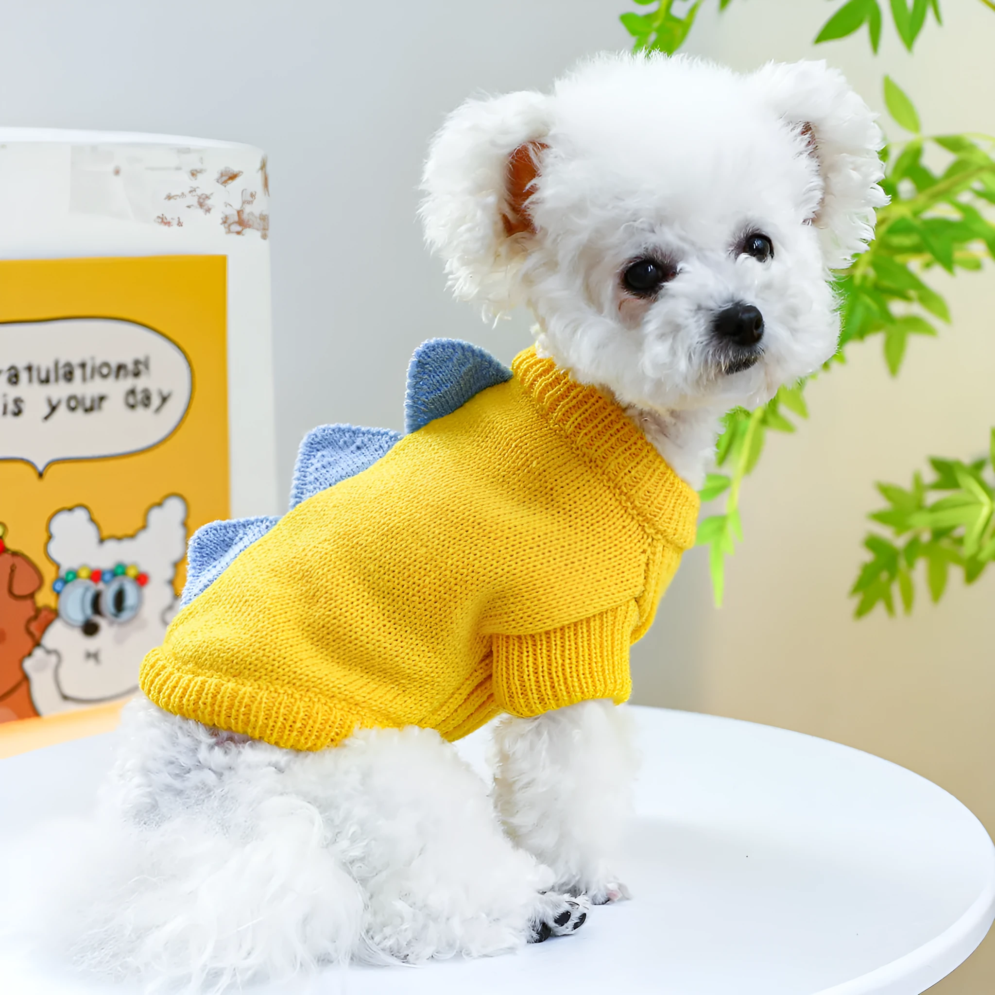 Green and yellow polyester dinosaur dog sweater for small to large dogs, sizes XS to XL