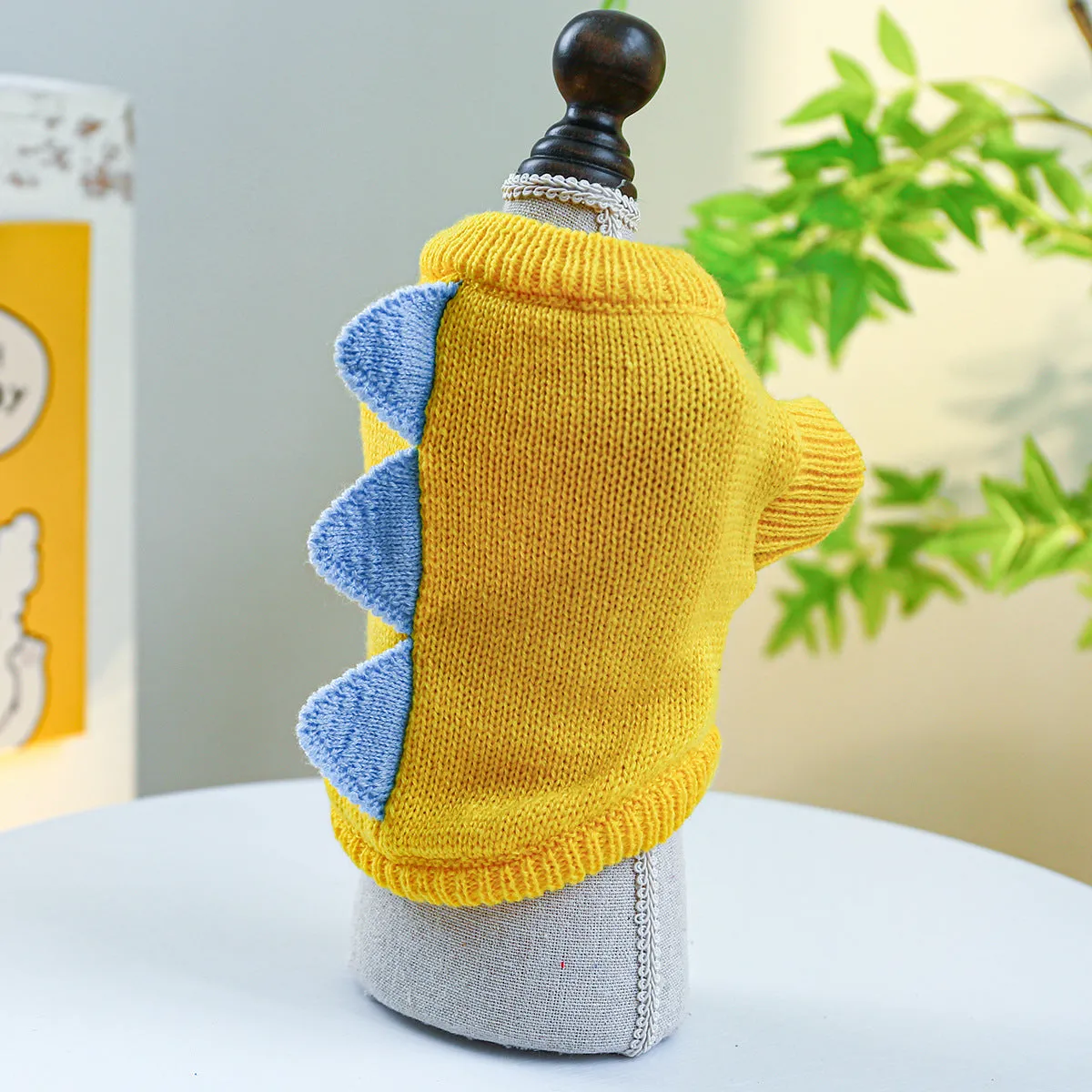 Green and yellow polyester dinosaur dog sweater for small to large dogs, sizes XS to XL