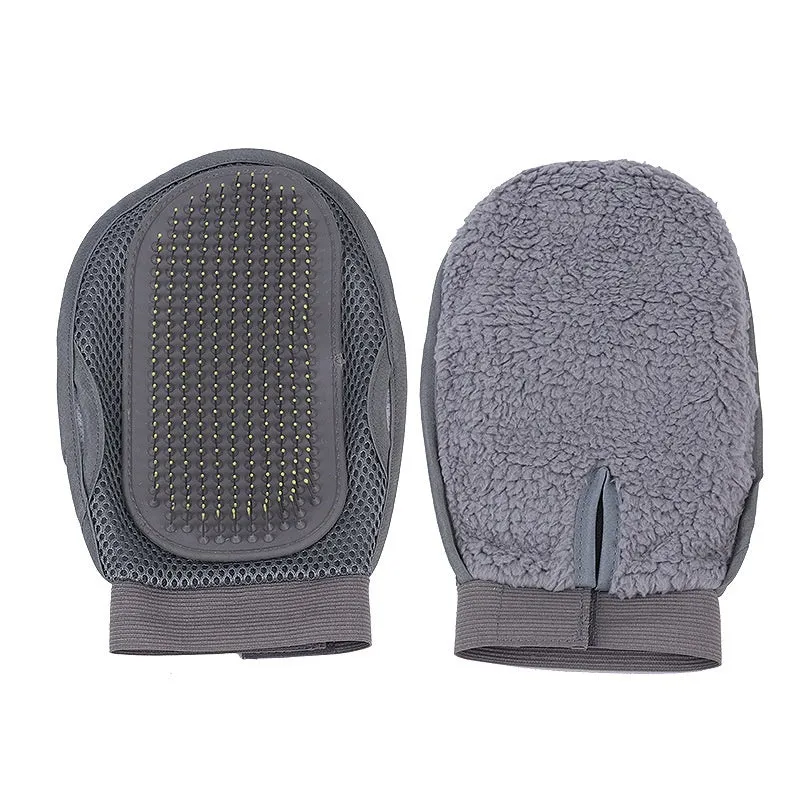 Gray rubber TPR pet grooming glove with steel needle tips for dog and cat bath massage