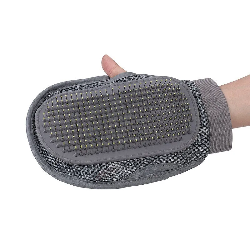 Gray rubber TPR pet grooming glove with steel needle tips for dog and cat bath massage