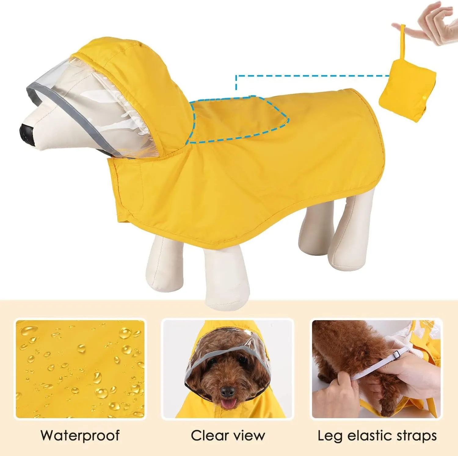 Dog raincoat in orange with transparent hood, waterproof breathable fabric, belly coverage, on a small dog
