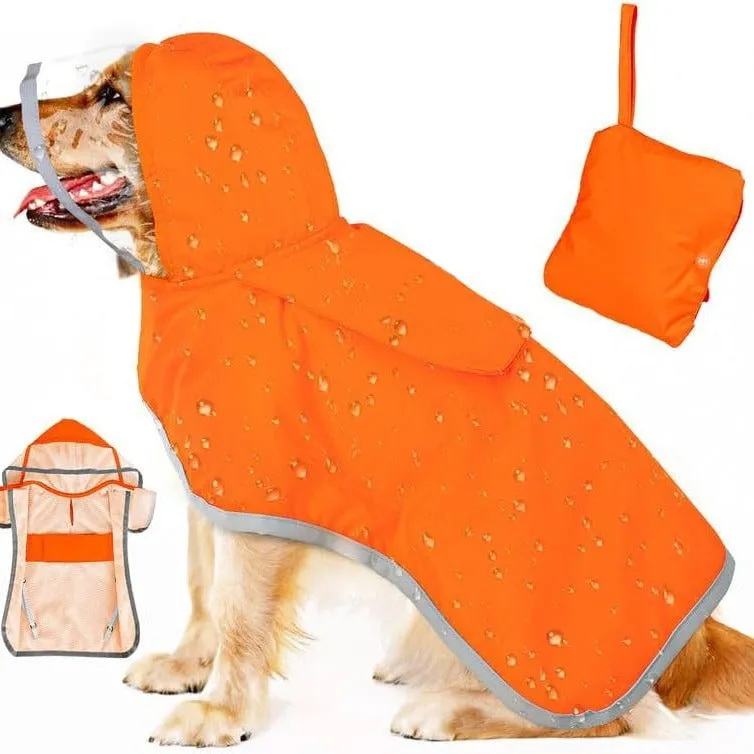 Dog raincoat in orange with transparent hood, waterproof breathable fabric, belly coverage, on a small dog