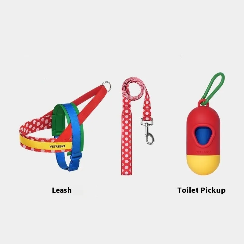 Pet dog chest strap and traction rope set in red polyester with size options
