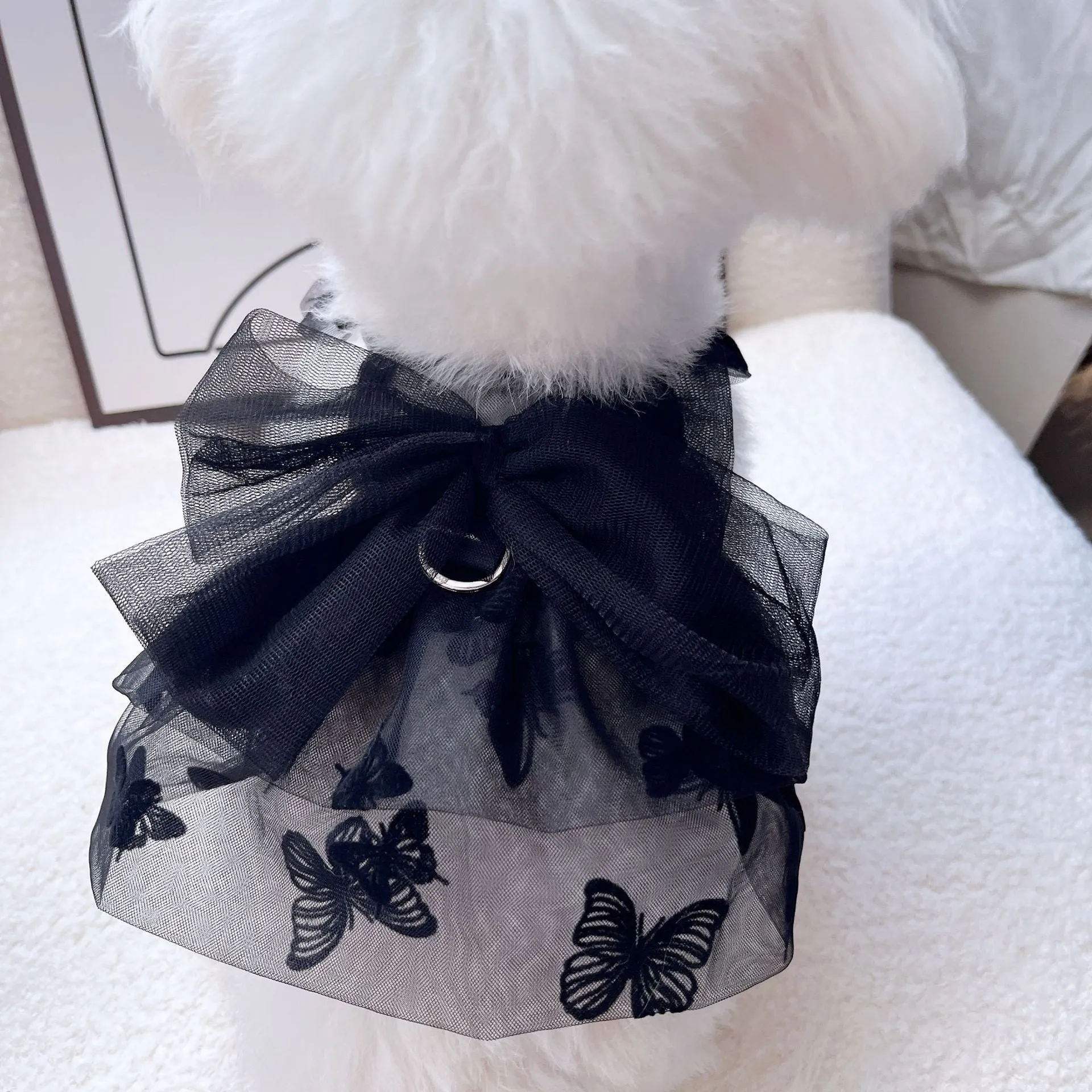 Black gauze princess tulle skirt for a small dog or cat on a mannequin.