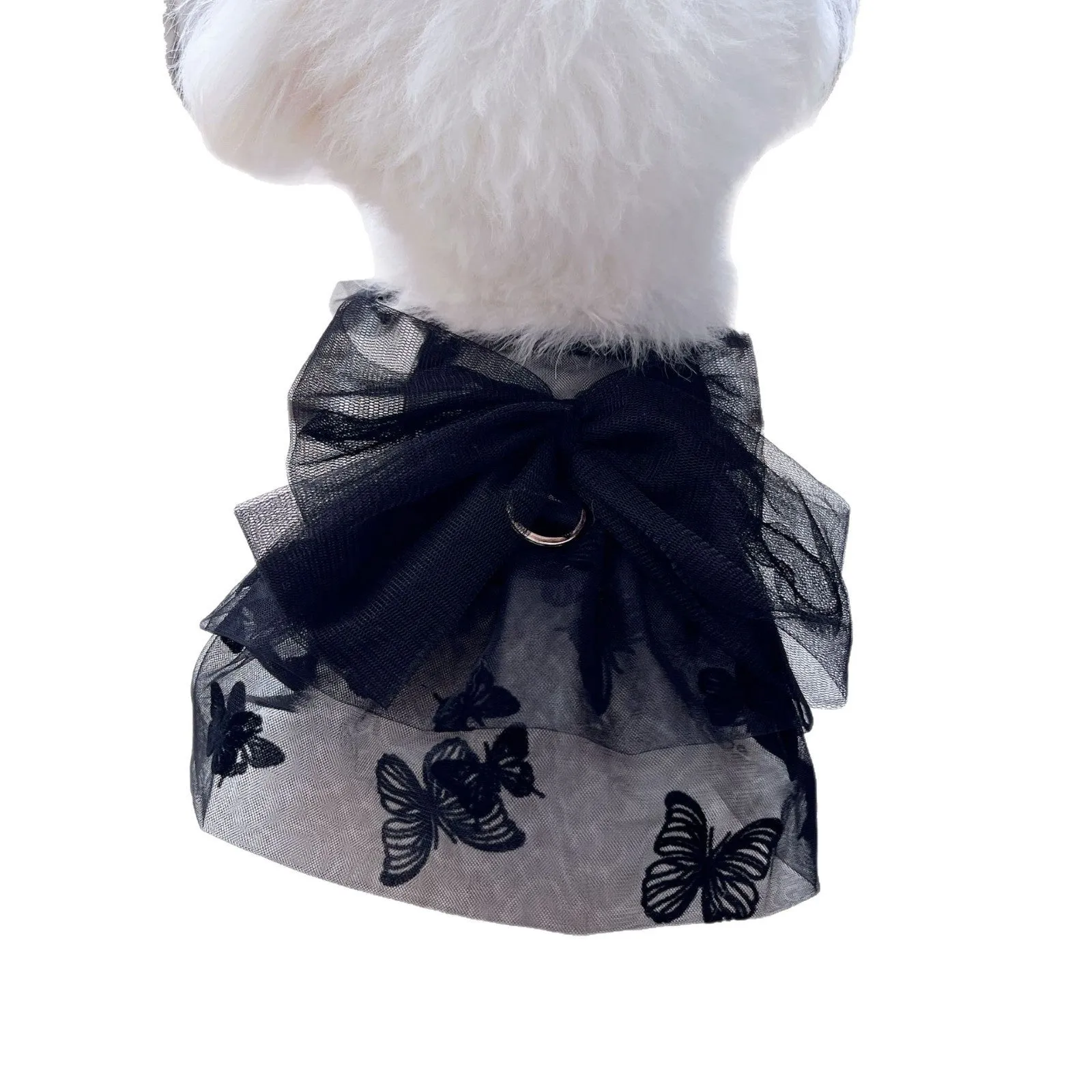 Black gauze princess tulle skirt for a small dog or cat on a mannequin.