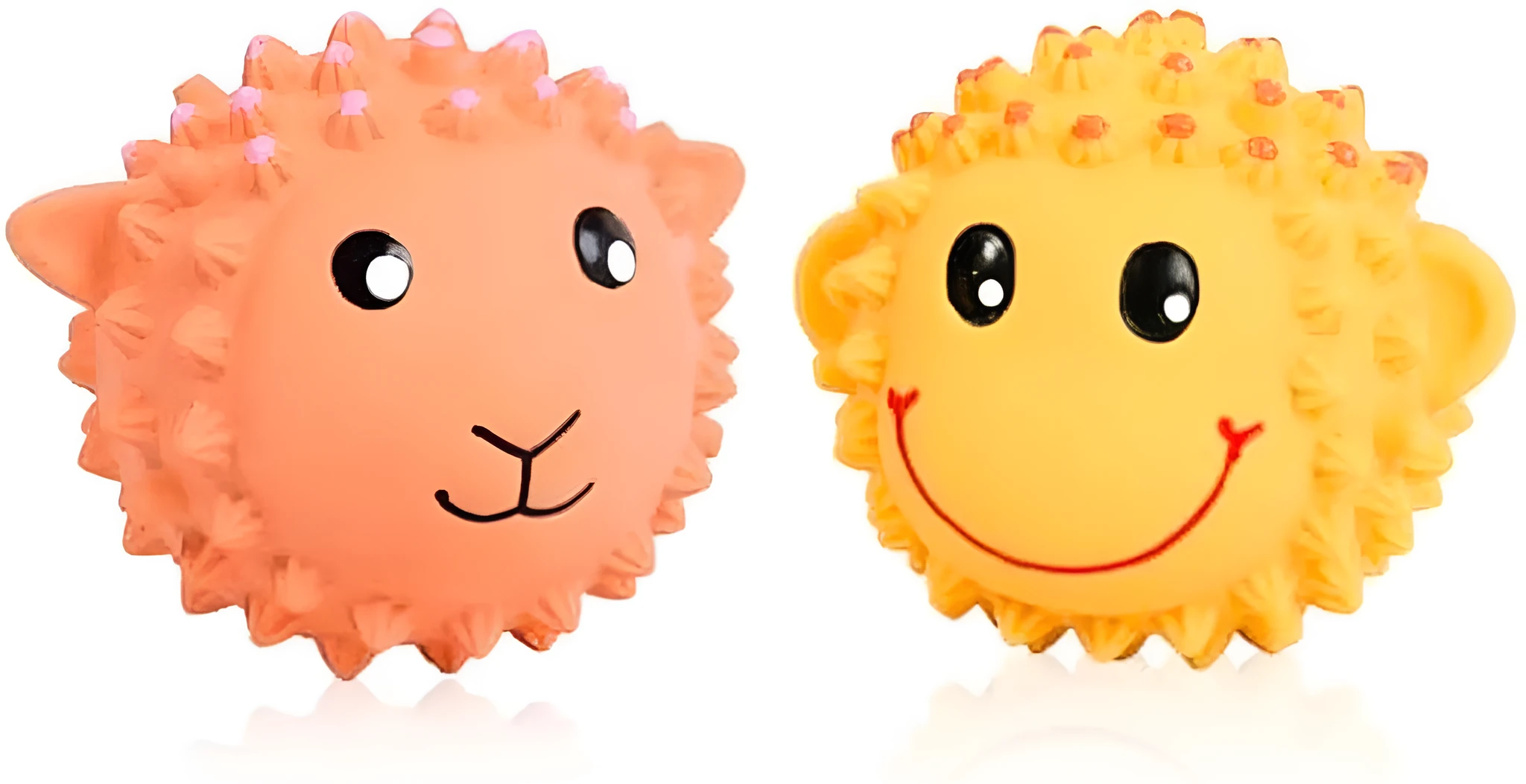 Set of four orange and yellow spiky latex animal dog toys with squeakers.