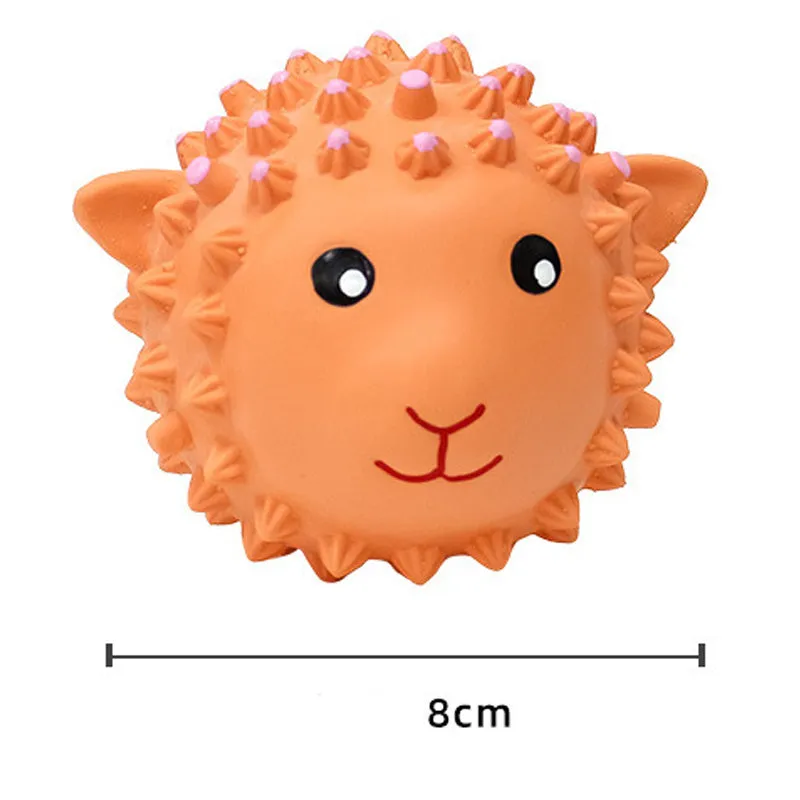 Set of four orange and yellow spiky latex animal dog toys with squeakers.