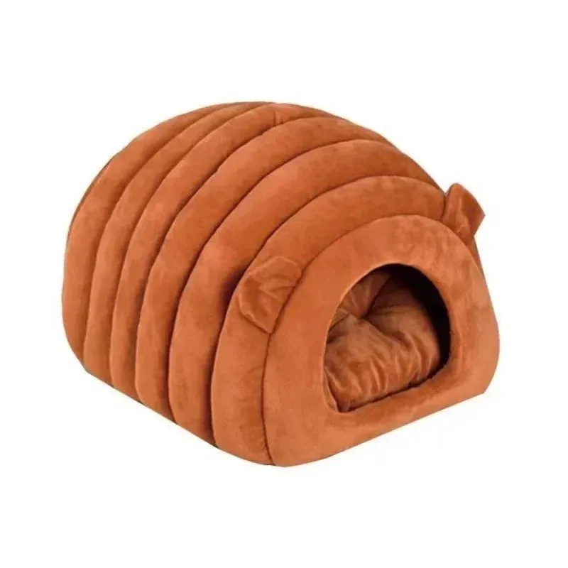 Plush cat bed house in brown with removable cushion, 38x42x33cm, for small pets