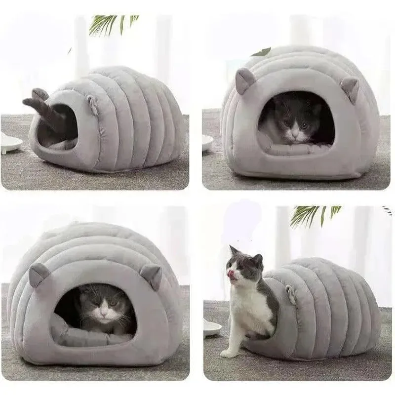 Plush cat bed house in brown with removable cushion, 38x42x33cm, for small pets