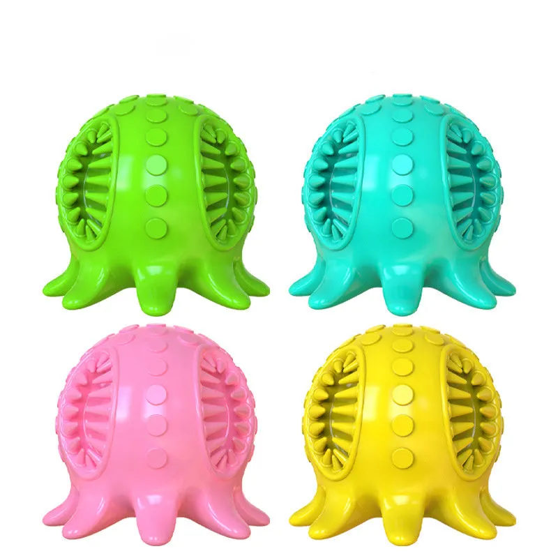 Small octopus dog toothbrush chew toy in blue colour with bristle surfaces for dental cleaning