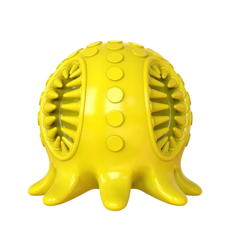 Small octopus dog toothbrush chew toy in blue colour with bristle surfaces for dental cleaning