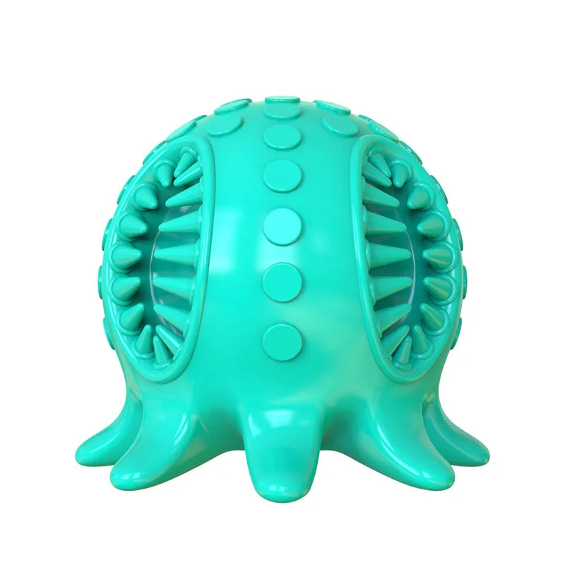 Small octopus dog toothbrush chew toy in blue colour with bristle surfaces for dental cleaning