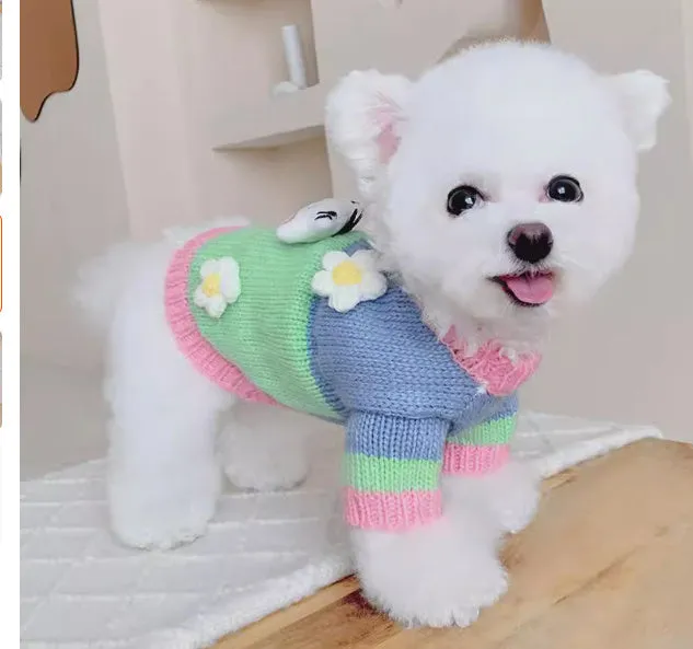 Blended fabric pet dog sweater in flower colour for autumn and winter sizes L and XL