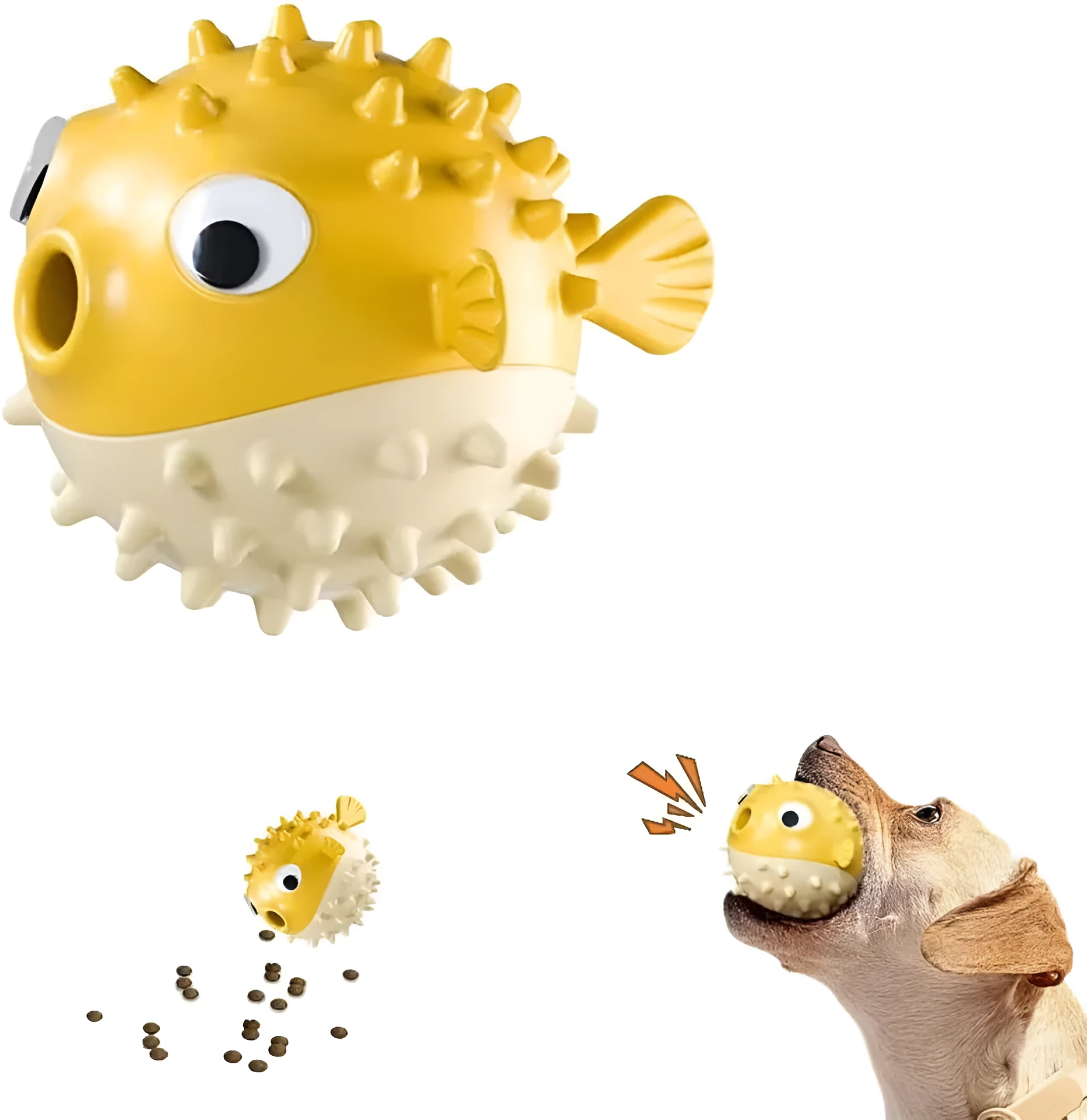 Green fish-shaped interactive dog toy with textured surface and treat dispensing opening
