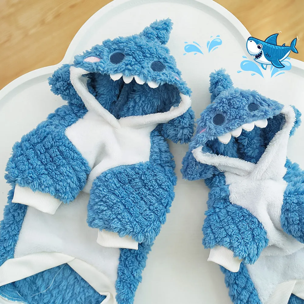 Sea blue shark plush pet costume for dogs and cats with thickened polyester material