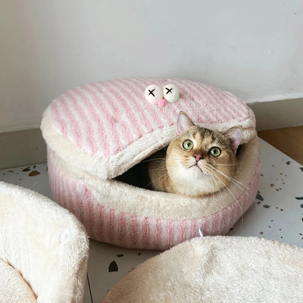 Causeway Braised Sandwich Cat Nest in pink, closed style with lid, 45cm diameter