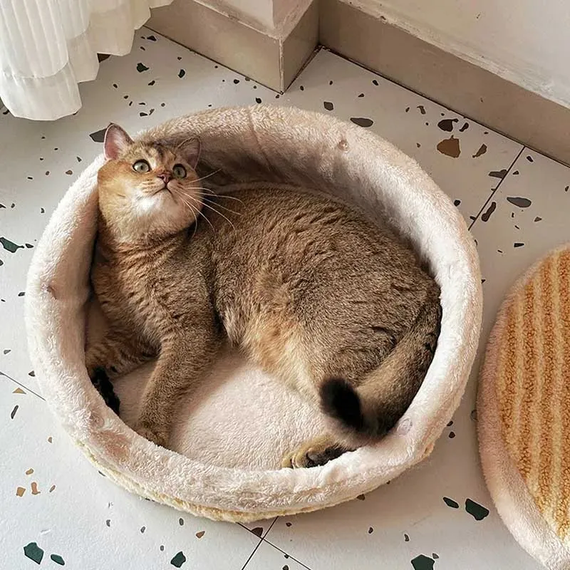 Causeway Braised Sandwich Cat Nest in pink, closed style with lid, 45cm diameter