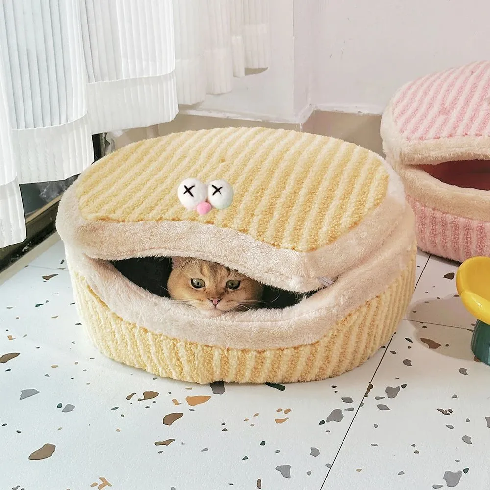 Causeway Braised Sandwich Cat Nest in pink, closed style with lid, 45cm diameter