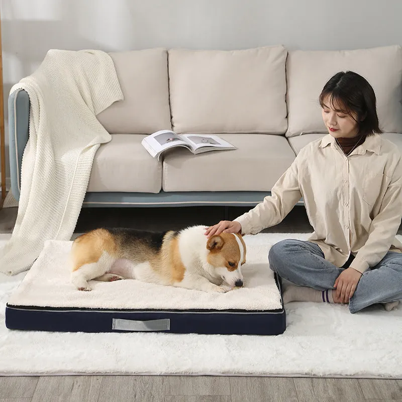 Brown removable cover memory sponge dog mat showing size options on a wooden floor.