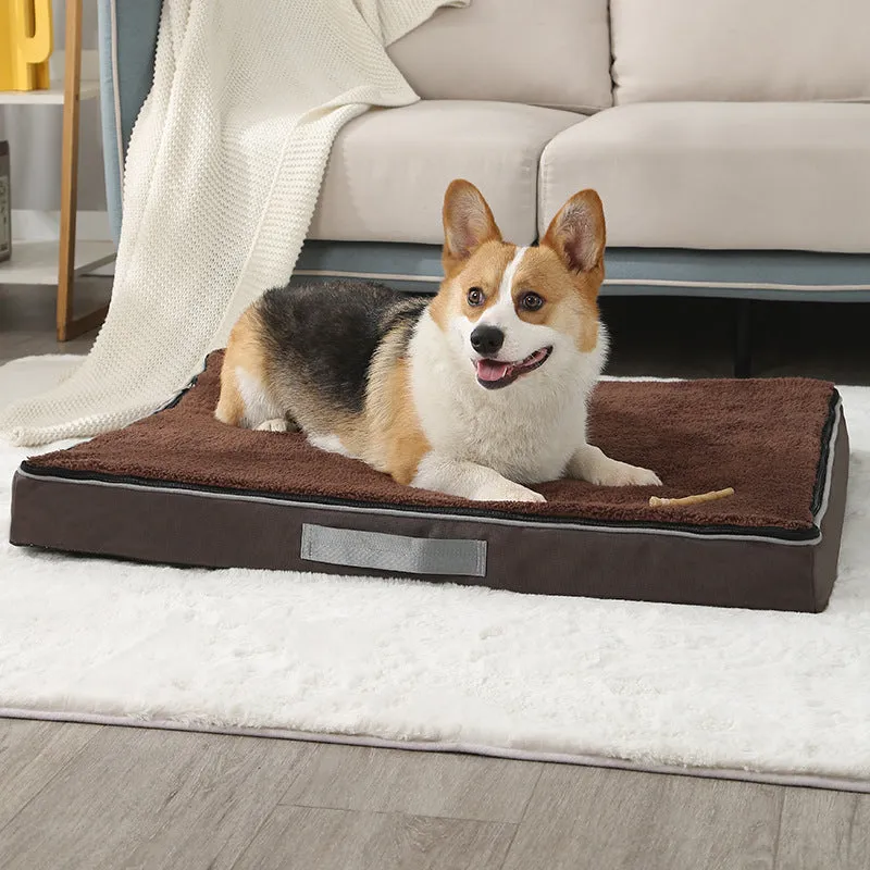 Brown removable cover memory sponge dog mat showing size options on a wooden floor.