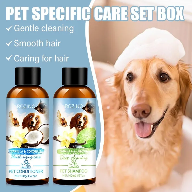 Pet wash nursing suite with two plastic bottles of shampoo and conditioner, each 100g, size 11.7 x 3.8cm