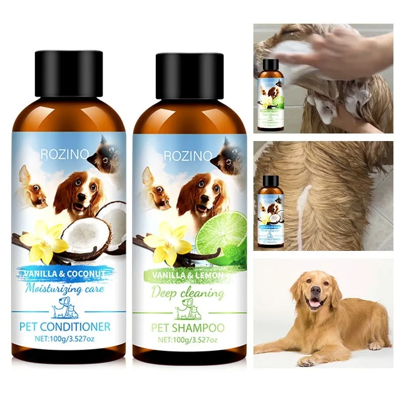 Pet wash nursing suite with two plastic bottles of shampoo and conditioner, each 100g, size 11.7 x 3.8cm