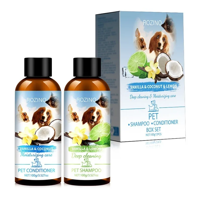 Pet wash nursing suite with two plastic bottles of shampoo and conditioner, each 100g, size 11.7 x 3.8cm