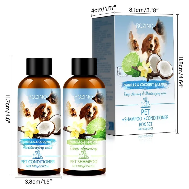 Pet wash nursing suite with two plastic bottles of shampoo and conditioner, each 100g, size 11.7 x 3.8cm