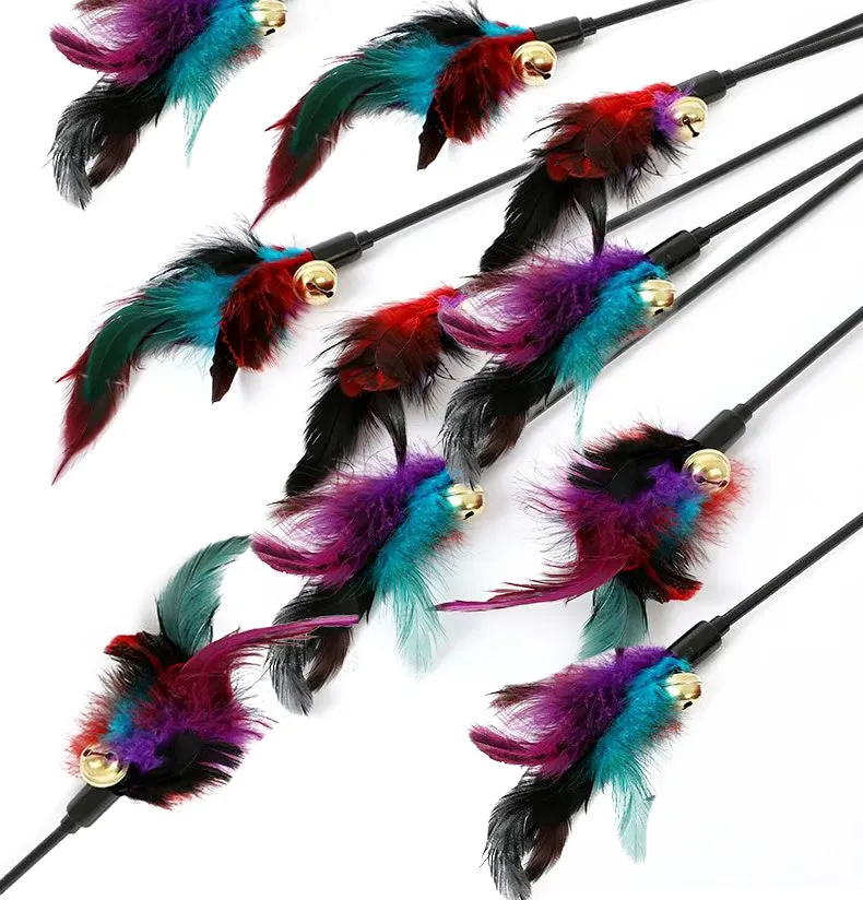 Rainbow feather cat teaser stick with bells, 35cm length, plastic handle and plush feather toy
