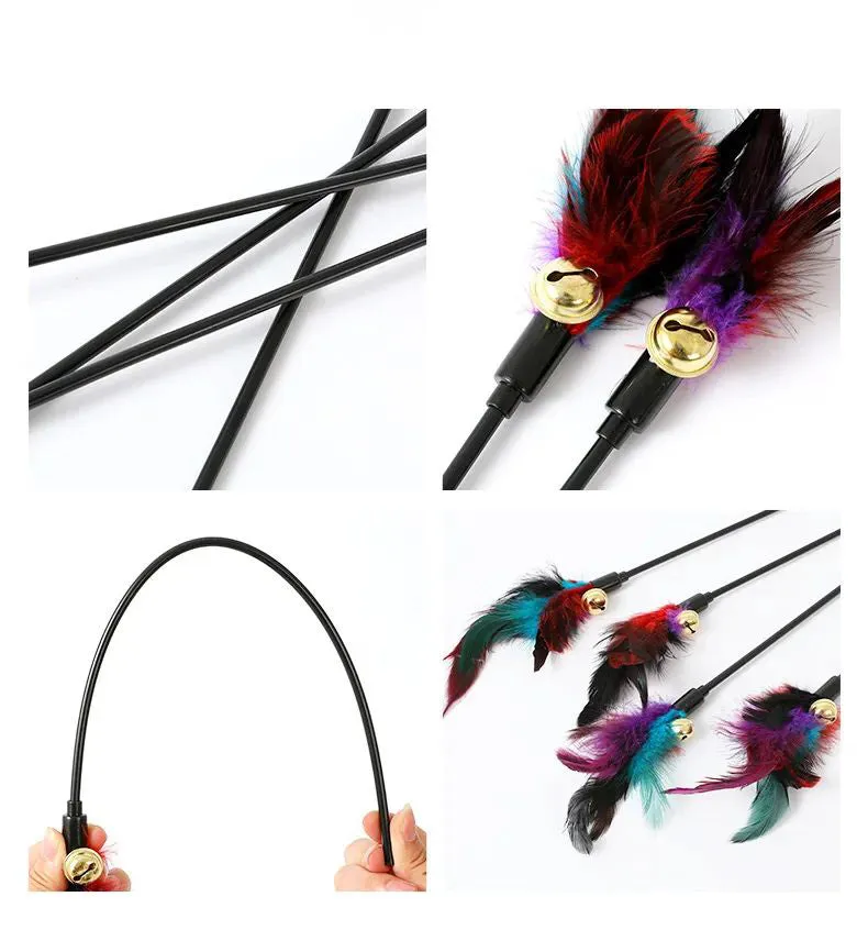 Rainbow feather cat teaser stick with bells, 35cm length, plastic handle and plush feather toy