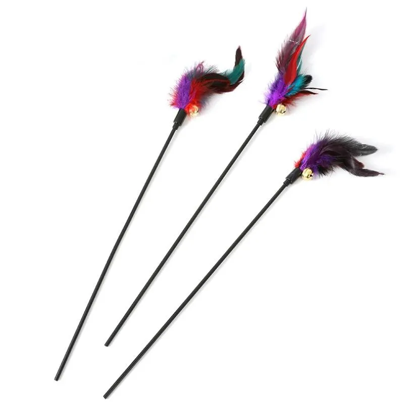 Rainbow feather cat teaser stick with bells, 35cm length, plastic handle and plush feather toy