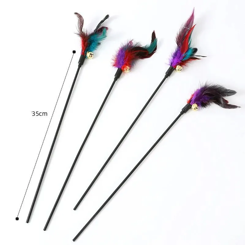 Rainbow feather cat teaser stick with bells, 35cm length, plastic handle and plush feather toy