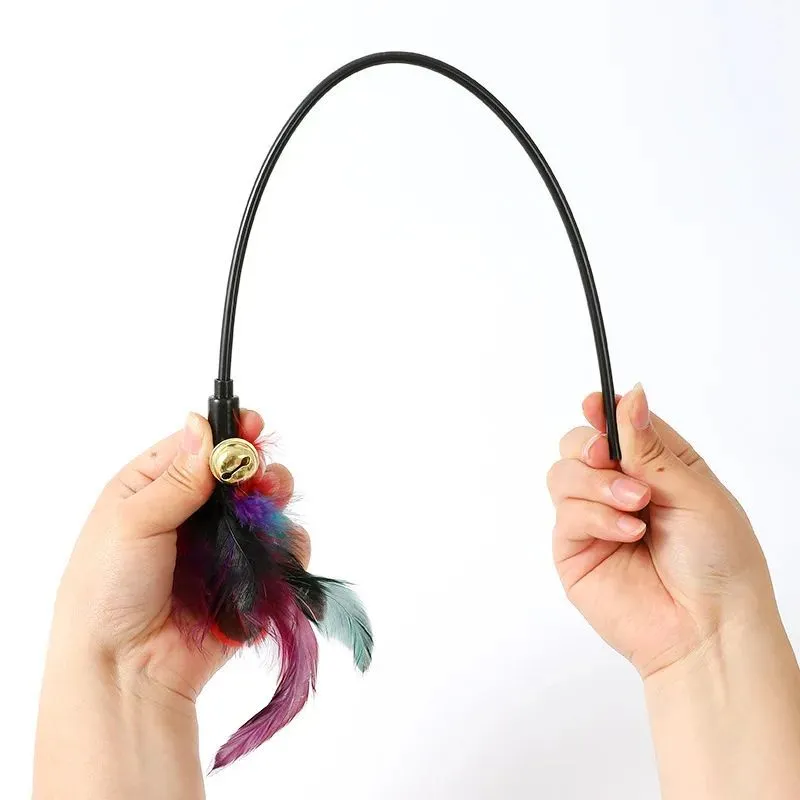 Rainbow feather cat teaser stick with bells, 35cm length, plastic handle and plush feather toy