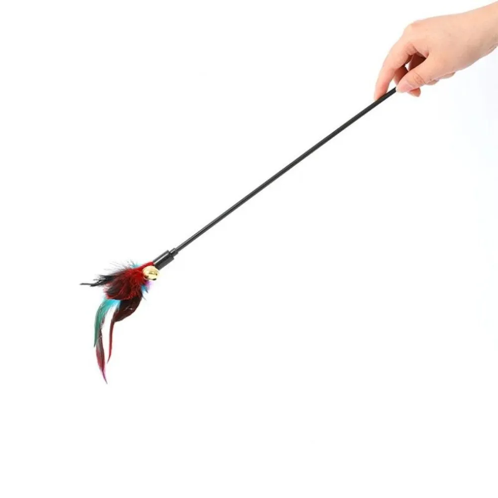 Rainbow feather cat teaser stick with bells, 35cm length, plastic handle and plush feather toy