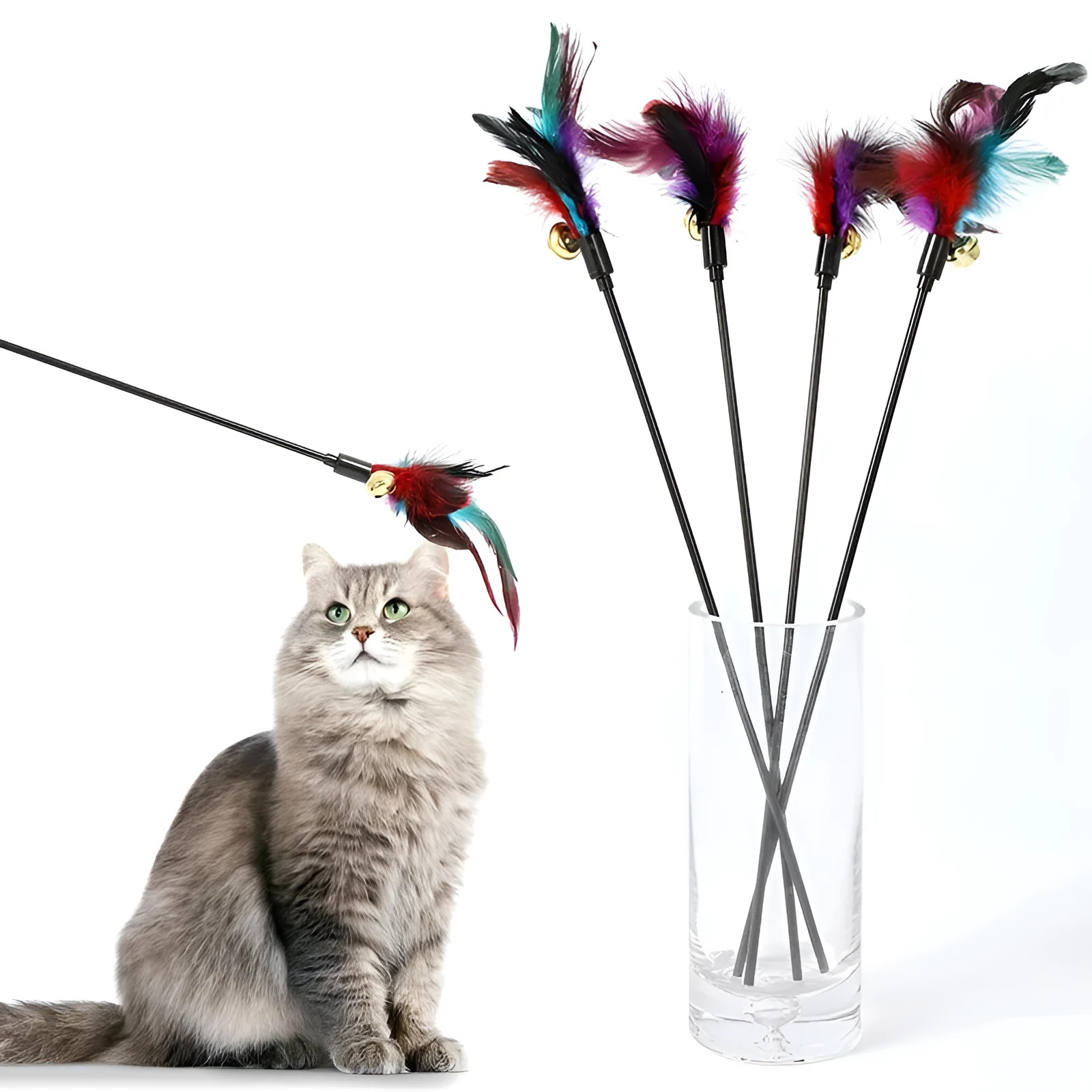 Rainbow feather cat teaser stick with bells, 35cm length, plastic handle and plush feather toy