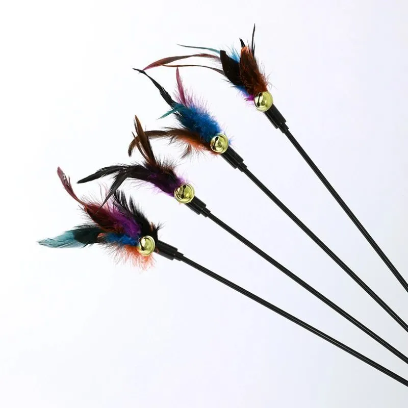 Rainbow feather cat teaser stick with bells, 35cm length, plastic handle and plush feather toy